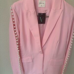 Pink Pearl-Trimmed Women's Blazer and Pant suit